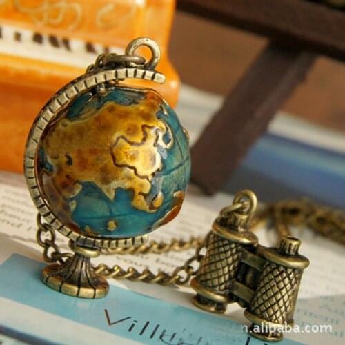 Lady Female Girl Women Girlfriend Couples Lover Metal Ancient Bronze Retro Globe Sweater Chain Pendant Necklace
