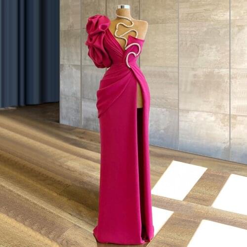 Fuchsia Mermaid One Shoulder Prom Dresses Beaded Sexy High Side Split Evening Gowns Party Dress Special Occassion robe de soiree