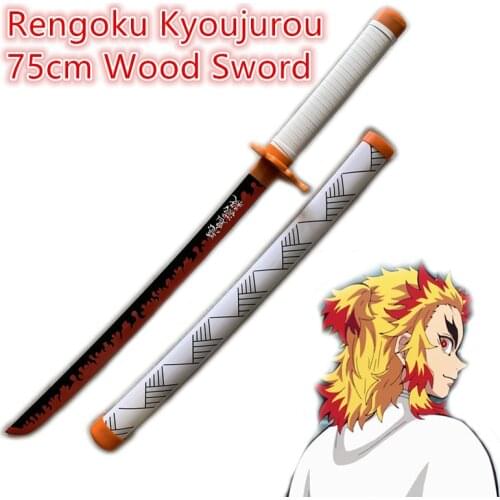 1:1 Demon Slayer Weapon Rengoku Kyoujurou Fire White Sowrd Wood Sword Cosplay Ninja Knife Kimetsu no Yaiba 80cm Weapon Model
