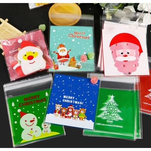 100pcs Merry Christmas Candy Bags Self-Adhesive Plastic Bag 10x10cm Cartoon Santa Claus Snowman Gift Packing Bag Christmas Decor