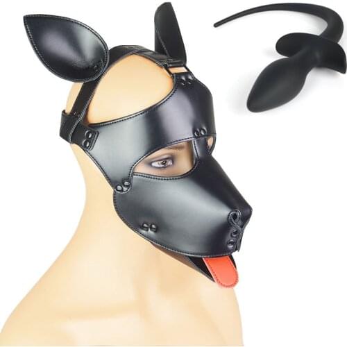 Bdsm Pet Roleplay Party Mask,Puppy Play Dog Hood Mask With Tongue,SM Leather Bondage Dog Slave Headgear,Pup Tail,Couple Sex Toys
