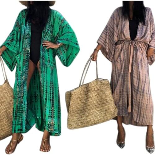 Women Tie-Dye Striped Print Kimono Cardigan Sunscreen Long Sleeve Belted Beach Maxi Dress Open Front Swimsuit Cover Up