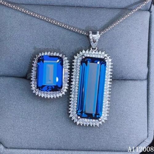 KJJEAXCMY Fine Jewelry 925 Sterling Silver Inlaid Natural Blue Topaz luxury Ring Necklace Pendant Set Support test