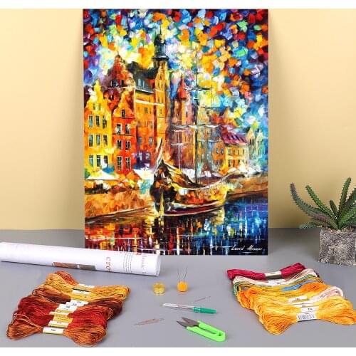 Oil Painting Style Old Dock Printed Fabric 11CT Cross Stitch Complete Kit Embroidery DMC Threads Painting Jewelry