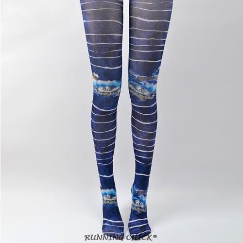 RUNNING CHICK Striped Blue Bottoming Stockings Spring Vintage House Printed Pantyhose