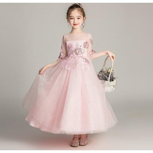 European Style Lace Pink Red Navy Blue Dress Ceremony Girl Half Sleeve Floral Child Ball Gown Kids Dresses for Girls Wedding