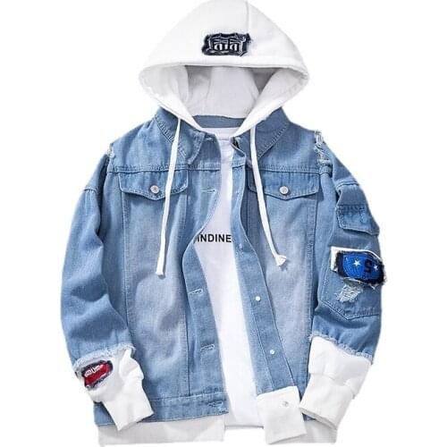 2021 New autumn Fashion Slim Fit Coat Men Denim Jacket Streetwear Hip Hop Mens Hooded Jean Jackets Male Casual Loose Outerwear