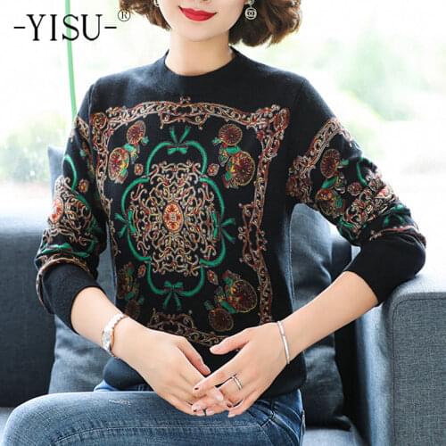 YISU Autumn Women clothing Sweater O-Neck Loose tops Fashion Printing Long sleeve Female Knitted Pullover Casual Women Sweater
