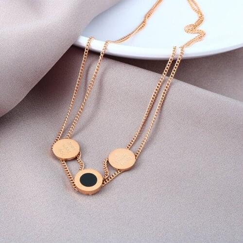 Rose gold titanium steel necklace, Titanium circle Roman numeral double clavicle necklace, Do not fade
