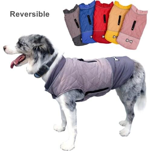 Zipper Lattice Pet Cotton-padded Coat Can Worn Both Sides Keep Warm Elastic with Reflective Strips Pet Cotton Coat