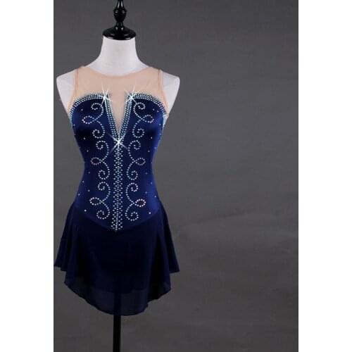 Figure Skating Dress Womens Girls' Ice Skating Dress Delicate line rhinestone pattern Dark blue sleeveless Stretch fabrics