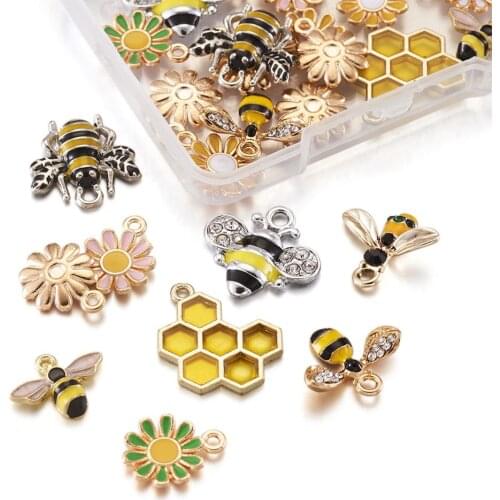 28pcs Tiny Alloy Enamel Bee Daisy Flower Honeycomb Charms Pendants for Cute Earring Bracelet Necklace DIY Jewelry Making Crafts