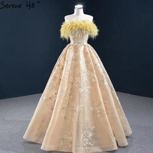 Champagne A-Line Strapless Sexy Evening Dress 2020 Off Shoulder Feathers Sparkle Formal Dress Serene Hill BHM67164 Couture Dress