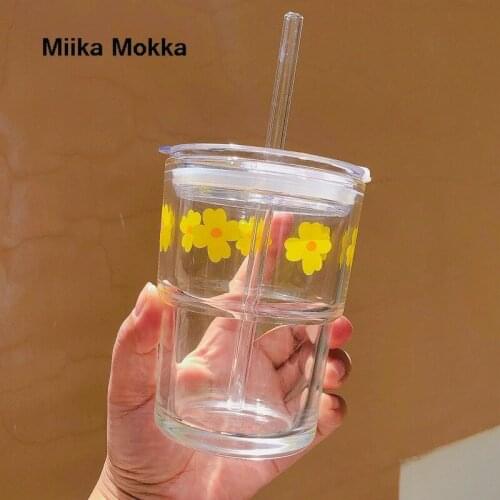 Glass Cup Ins Wind Straw Cup Korean Girl Heart Home High-value Cartoon Printing Milk Cup Large-capacity Cup Cartoon