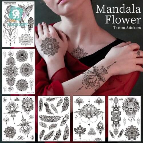 Rocooart Big size Henna India Style Temporary Mandala Flower Women Girl Tatoo Stickers Black Arm body Art Fake Tattoos