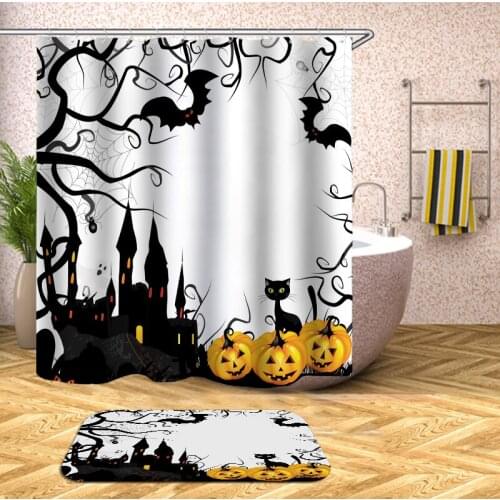 Bathroom Shower Curtain Halloween Bat Pumpkin Lantern Waterproof Bath Curtains for Bathtub Bathing Cover Large Wide 12pcs Hooks