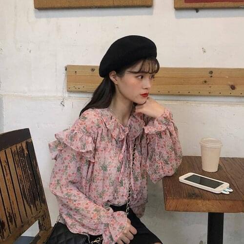 Bella philosophy 2020 spring women elegant lacc up blouse lady chiffon ruffled street shirts female butterfly sleeve floral top