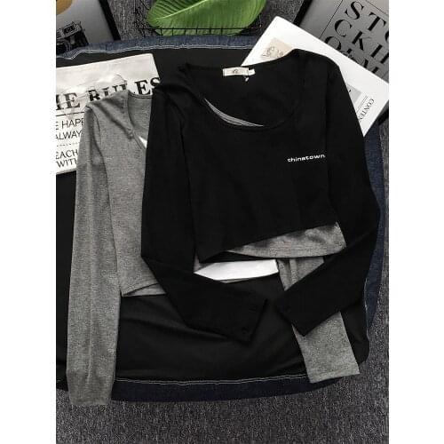 2021 New Spring Summer Long Sleeve Women T Shirt False Two Pieces Square Collar Fashion Short Tops Tees S M L XL