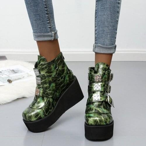 Fad Winter Metal Buckle Ankel Boots Women Punk Female Platform Boots Wedges High Heels PU Women