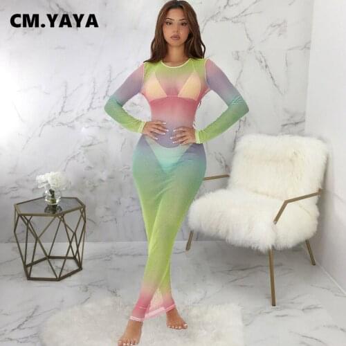 CM.YAYA Women Long Dress Print Mesh See-through Full Sleeve O-neck Skinny Bodycon Maxi Dresses Sexy Fashion Vestidos Autumn 2021
