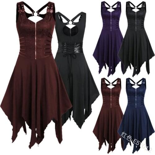 Medieval Vintage Womens Gothic Punk Sleeveless Strap Sling Dress Elegant Irregular Hollow Cross Strap Strap Solid Color Dress