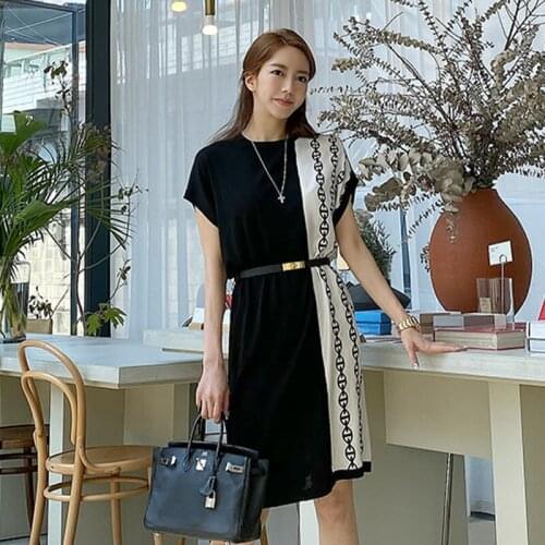 2021 New Summer Dresses Women Casual Short Sleeve O-Neck Loose Dress Female Vestido Plus Size Women Print Dresses With Belt