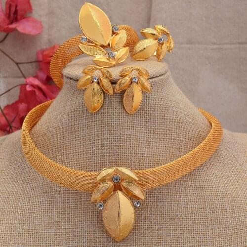 24K Gold Color Jewelry sets For women bridal Wife Necklace Earrings Bracelet Ring Set Indian African wedding ornament gifts