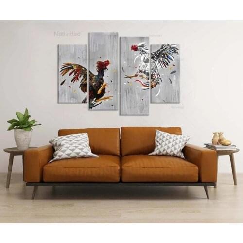 4 Pieces Canvas Cock Fighting Wall Art Print Pictures Rooster Art Rustic Chicken Posters and Prints Living Room Decor No Frame