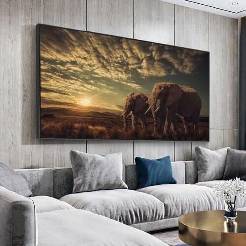 African Savannah Two Elephants Canvas Art Painting Posters and Prints Scandinavian Cuadros Wall Art Picture for Living Room