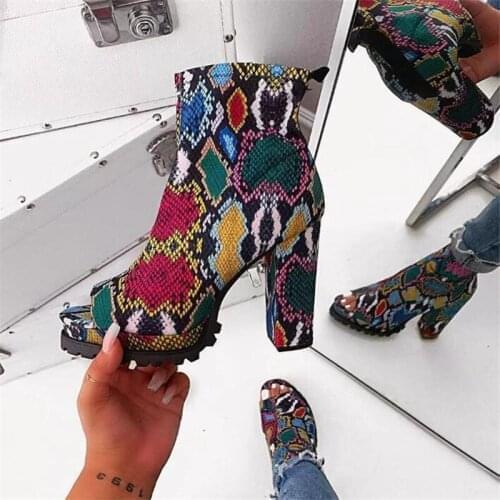 Spring Bright color boots women Vogue zip snake pattern waterproof platform 12CM high-heeled thick-soled open toe low boots