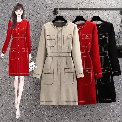 EHQAXIN Dresses For Womens Autumn Light Luxury Fashion Knit Dresses Round Neck Button A-Shaped Long Sleeve Dress For Lady L-4XL