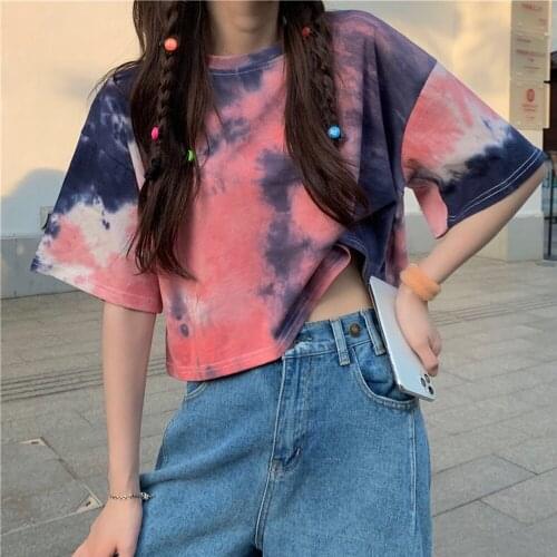 Summer Fashion Shirt Tie Dye Short Top T-shirt Women Basic Loose Solid Color Basic T-shirt Women Casual Printed Top High Street