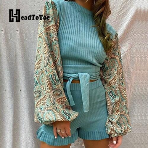 Patchwork Print Elegant Lace Up Sweet 2 Piece Set Women Long Lantern Sleeve Round Neck Two Piece Outfits Woman