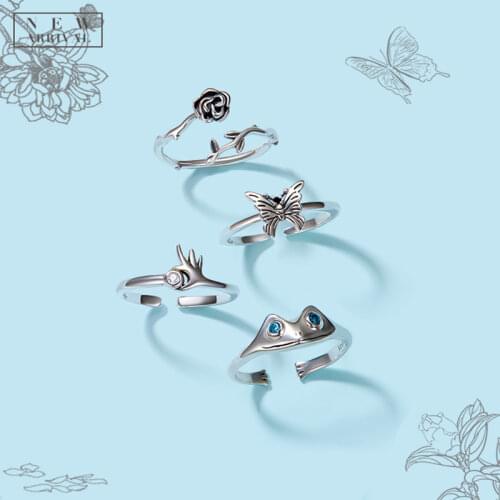 BAMOER 925 Sterling Silver Swallowtail Butterfly Ring Frog Dragonfly Ring Rose Ring for Women Anillo Open Ring Jewelry Wedding