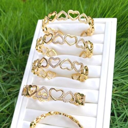 3Pcs Fashion Gold Plating Inlay White Zircon Open Adjusted Size Wrap Heart Bangle Bracelet For Women