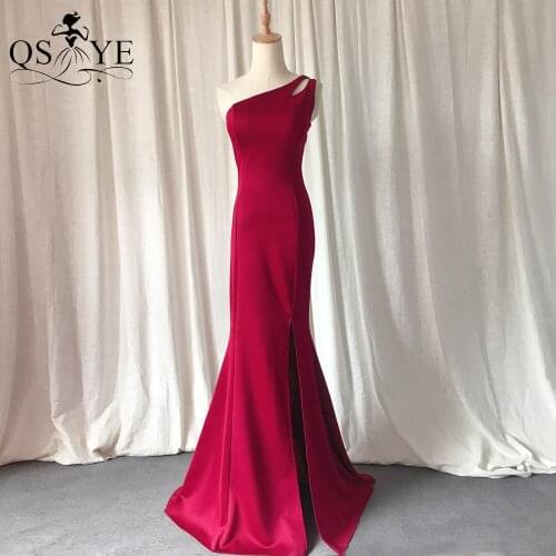 Shoulder Strap Red Prom Dress Elastic Mermaid Evening Dress Long Sexy Formal Party Lady Slit Gown One Shoulder Night Party Dress
