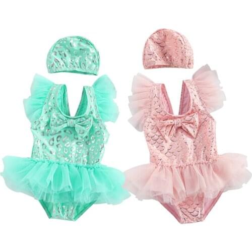 FOCUSNORM 1-6Y Summer Kids Girls Bikini Sets Leopard Print Ruffles Lace Swimwear Hats