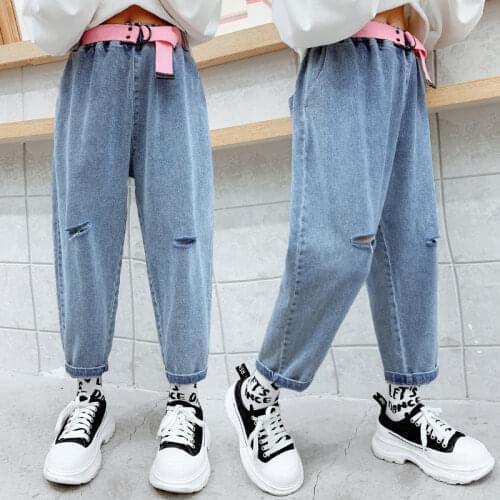 Hot Deals 2021 Girls Jeans for Spring and Autumn Childrens Clothing Kids Loose Denim Hole Pants With Free Pink Belt 5-14 Ages