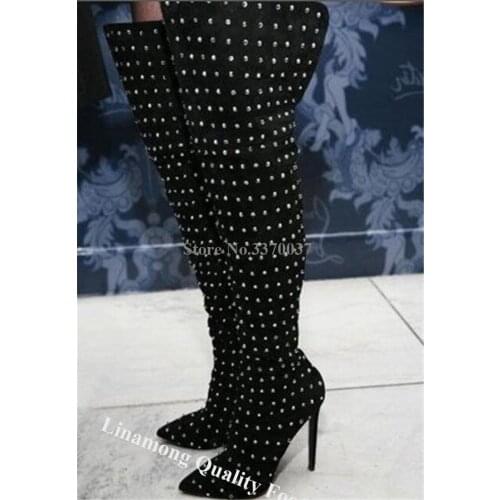 Linamong Women Sexy Pointed Toe Over Knee Stiletto Heel Rivet Boots Black Metal Spike Long High Heel Boots Formal Dress Shoes