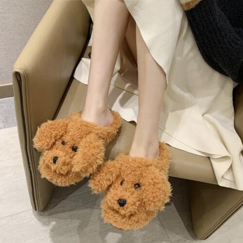 Indoor Soft Anti Slip Artificial Fur Winter Warm Shoes Cartoon Plush Dog Modeling Womens Slippers