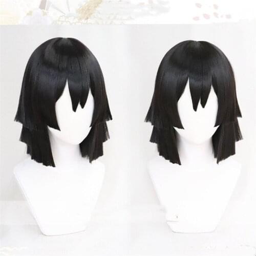 Cosplay Anime Demon Slayer Wig: Kimetsu No Yaiba Iguro Obanai Cosplay Wigs Black Heat Resistant Synthetic Hair Wig
