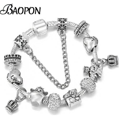 European Style Silver Color Crown Pendant Charm Brecelets With Snake Chain Beads Bracelet For Women Men Birthday Jewelry Gift