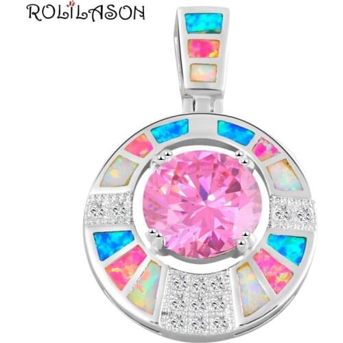 ROLILASON High Quality Trendy Color Fire Opal Silver Stamped Pink Zircon Beautiful Jewelry Necklace Pendants for Women OPS614