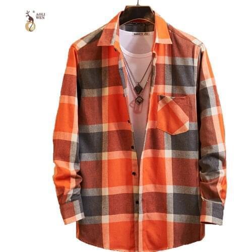 Aoliwen 2019 Mens long sleeve plaid shirt flannel cotton button down casual shirt men Comfortable pocket top autumn clothes