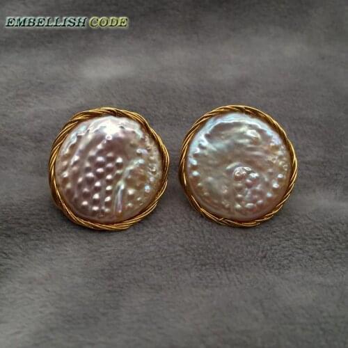 24mm Stud Earrings Hand-Make Winding Golden Wire Fine Jewelry Peach Baroque Flat Nearround Coin Real Freshwater Pearls Hot Style