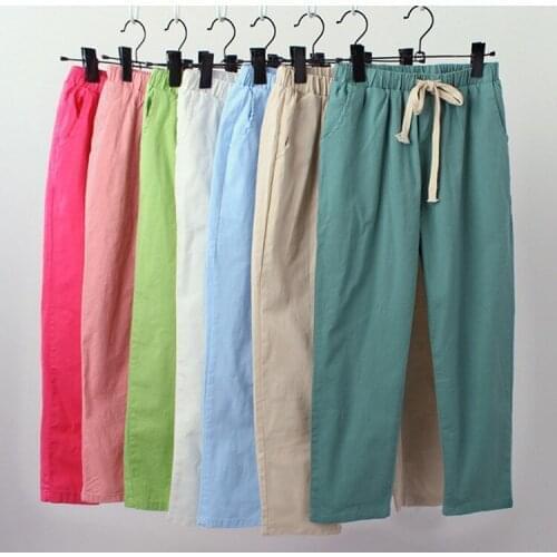 Spring Women Linen Cotton Casual Pants Girls Plus Size Korean Long Harem Pants Girls Multicolor Sweatpants Cute Lace Up Trousers