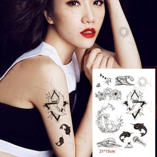 Waterproof Temporary Tattoo Sticker Sun Fish Dolphin Flash Tattos Snake Sword Wolf Bear Body Art Arm Fake Tatoo Women Men
