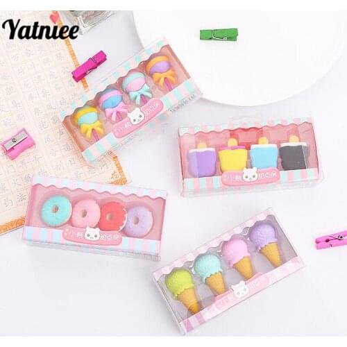 Yatniee 4pcs/Set Boxed Dessert Eraser Cartoon Gift Box Eraser Student Gift Stationery Kawaii School Supplies