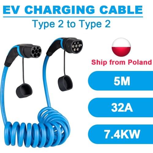 22KW 32A EV Charging Cable 7.4KW Type 2 to Type 2 IEC62196-2 Plug With 5 Meter spiral cable for Electric vehicle