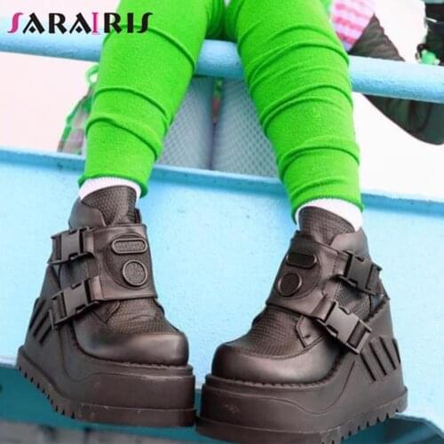 SaraIris Brand INS Hot Sale Boots Black Mesh Buckle Wedges Ankle Platform Women Boots Punk Goth Casual Leisure Cool Women Shoes